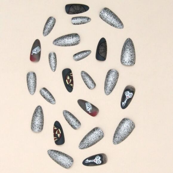Y2K 24 Almond Corpse Bride Gothic Valentine Black Sparkle Web Matte Nails - Picture 3 of 5